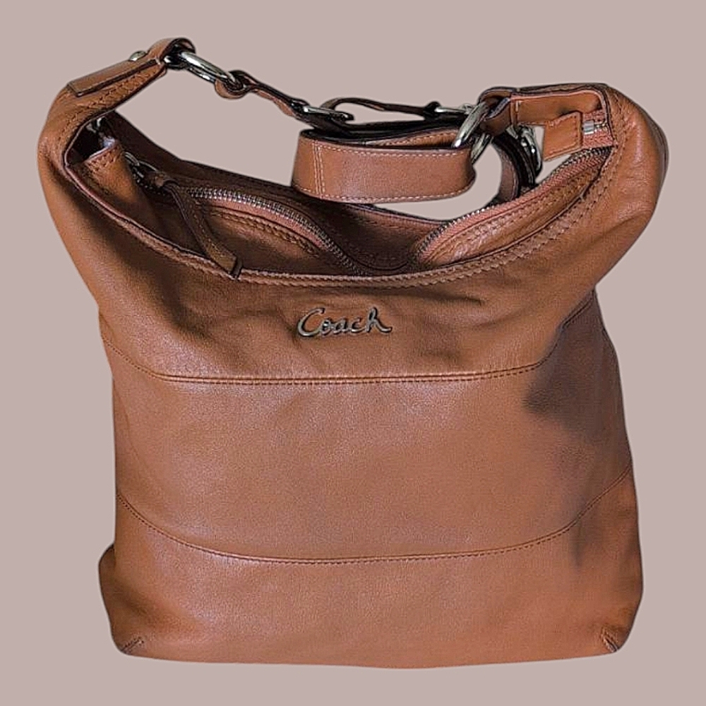 Coach Tan Leather Hobo Shoulder Bag with Silver-Tone Chain